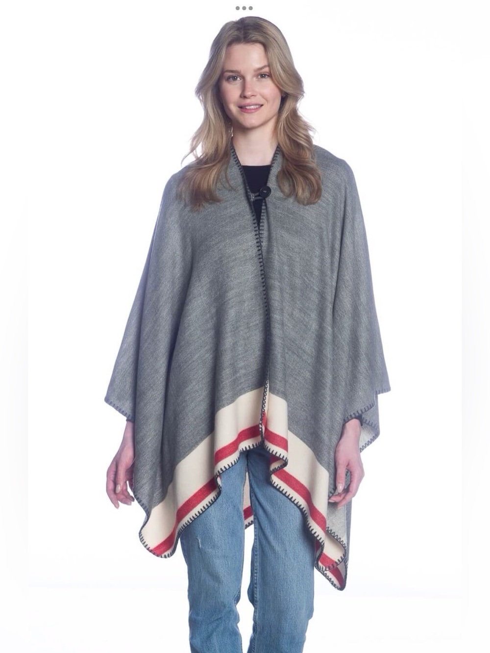 DKR Cottage Collection Draped Poncho Cape with Contrast Stripe & Button Closure